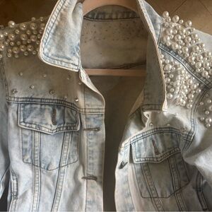 Pearl Embellished Light Blue Denim Jean Jacket